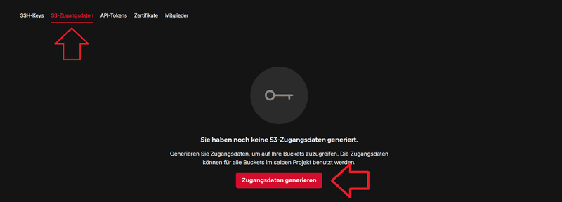 S3-Zugangsdaten Menü