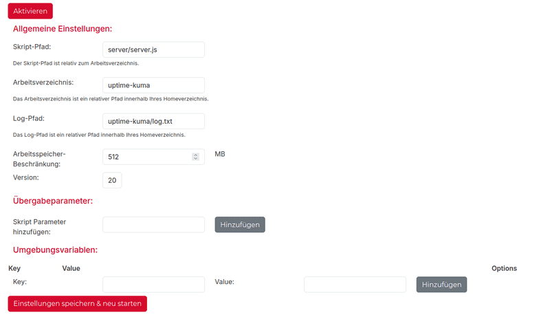 Node.js Uptime Kuma Einstellungen