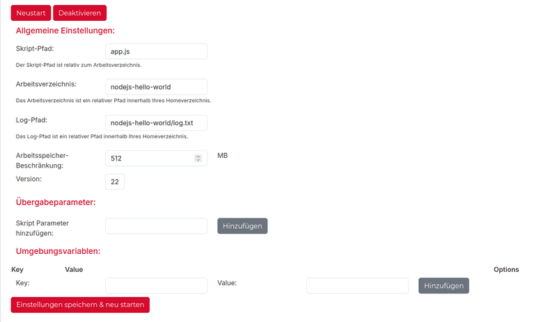Node.js Hello World Einstellungen