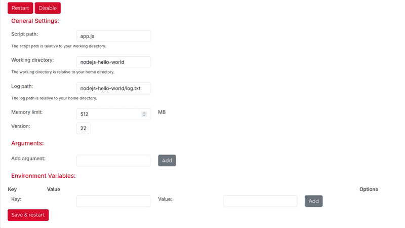 Node.js Hello World Settings