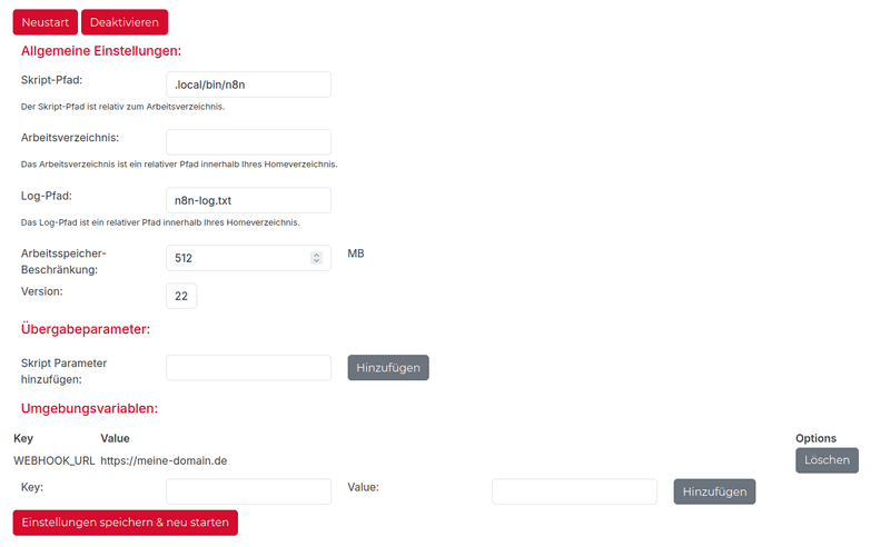 Node.js n8n Einstellungen